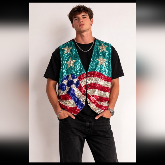 Vintage World Cup Vest Mens XXXL Soccer Sequin American Flag
